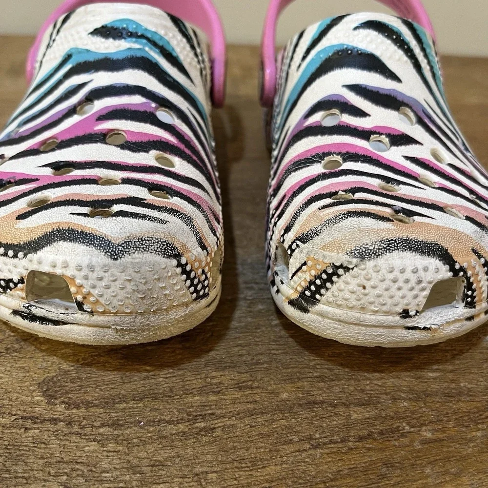 Crocs Kids C12 Classic Zebra Animal Print Clogs Pink Glitter Strap Slip On Shoes